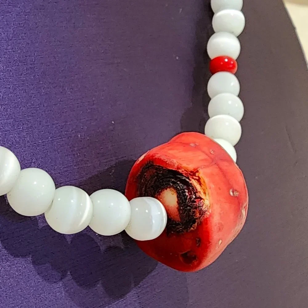 MCM White Abalone Mother of Pearl and Red Natural Stone Beaded Necklace